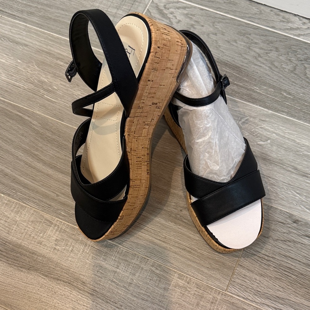 Franco Sarto Black and Tan Wedge Sandals NWOT